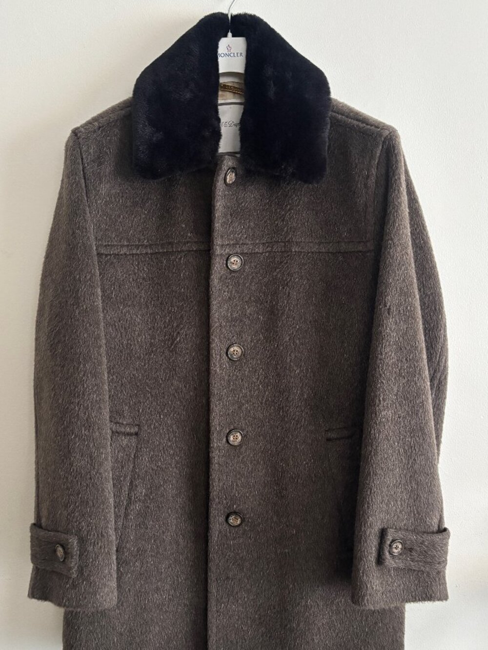 $1500 Vintage S.T. Dupont Brown Mohair Wool Coat/ Fur Collar - Medium - Large